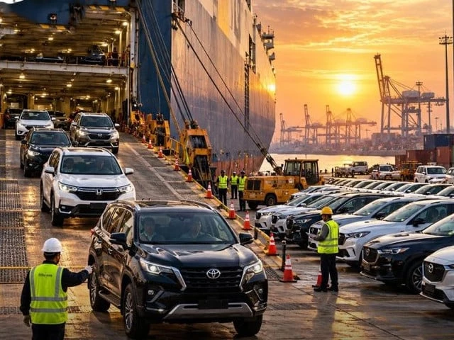 Imported vehicles being offloaded from a car carrier at a port, illustrating a report on auto policy jobs