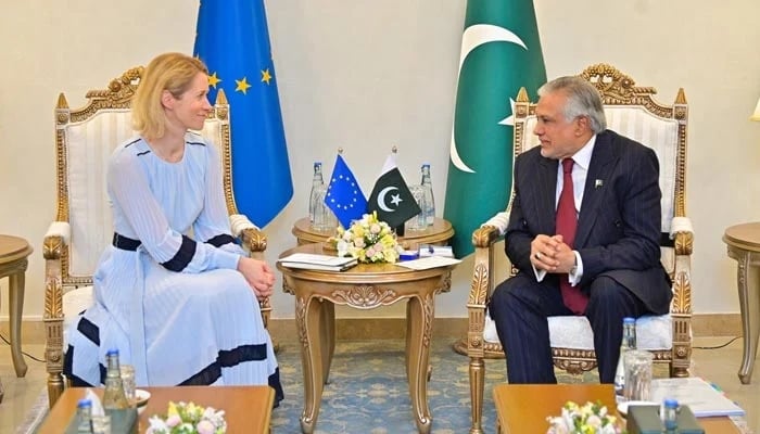 Ishaq Dar meeting the EU foreign policy chief, illustrating a report on Pakistan's GSP+ status