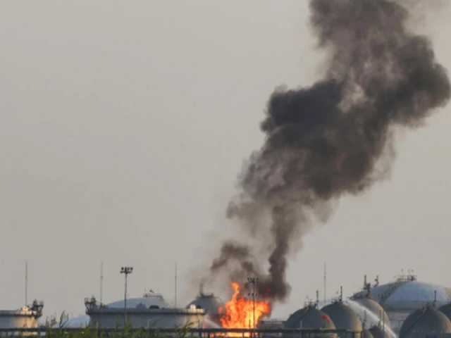 Flames and black smoke rising from storage tanks at an industrial facility