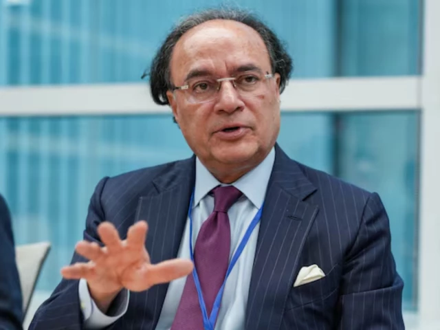 Finance Minister Muhammad Aurangzeb gesturing while speaking at a panel discussion