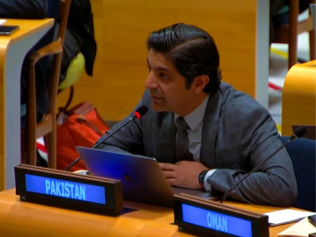 A Pakistani diplomat speaking into a microphone at a United Nations General Assembly desk marked Pakistan